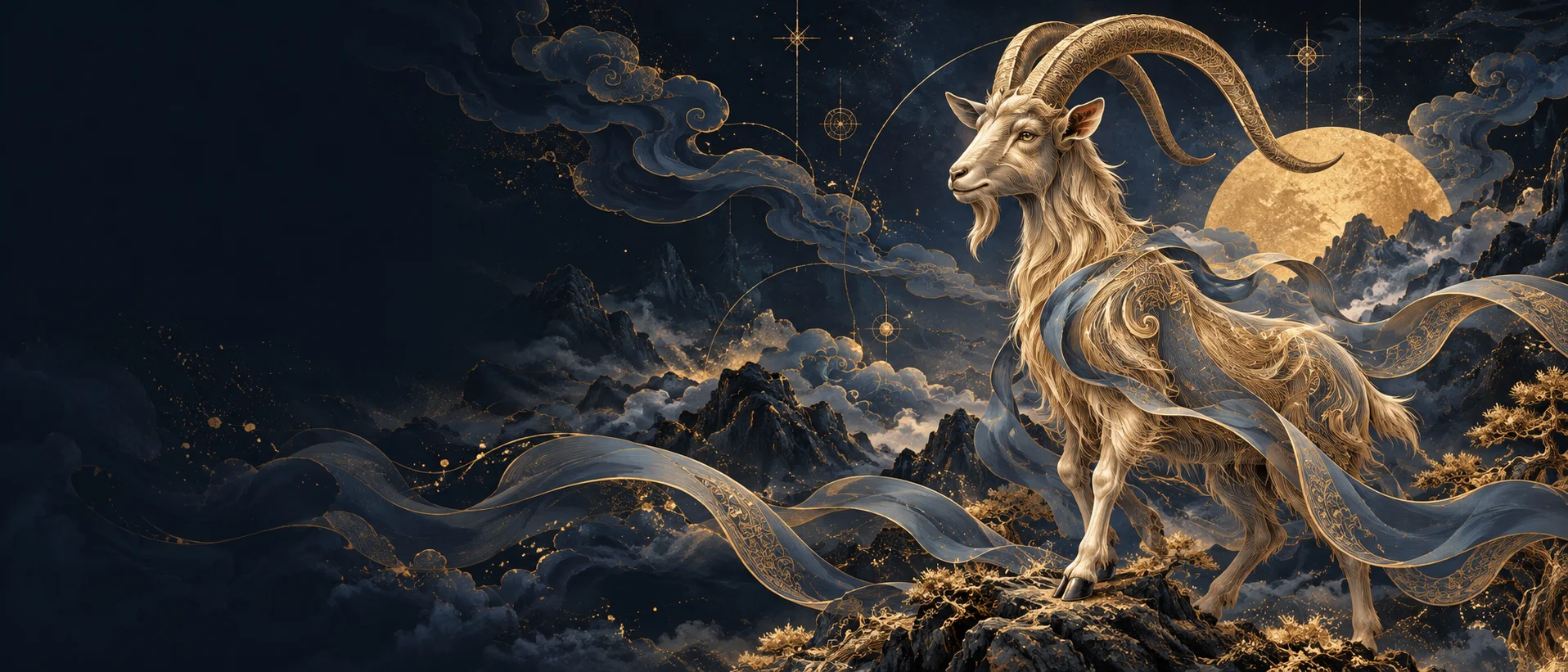 A golden Fire Goat among flowing midnight-blue clouds
